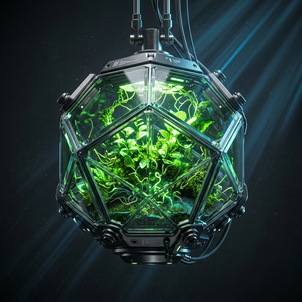 Abstract 3D glass capsule showcasing bio-integrated urban systems